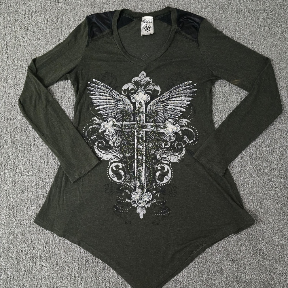 VOCAL Cross Wings Bling‎ Studded Shirt Womens L Y2K Affliction Style